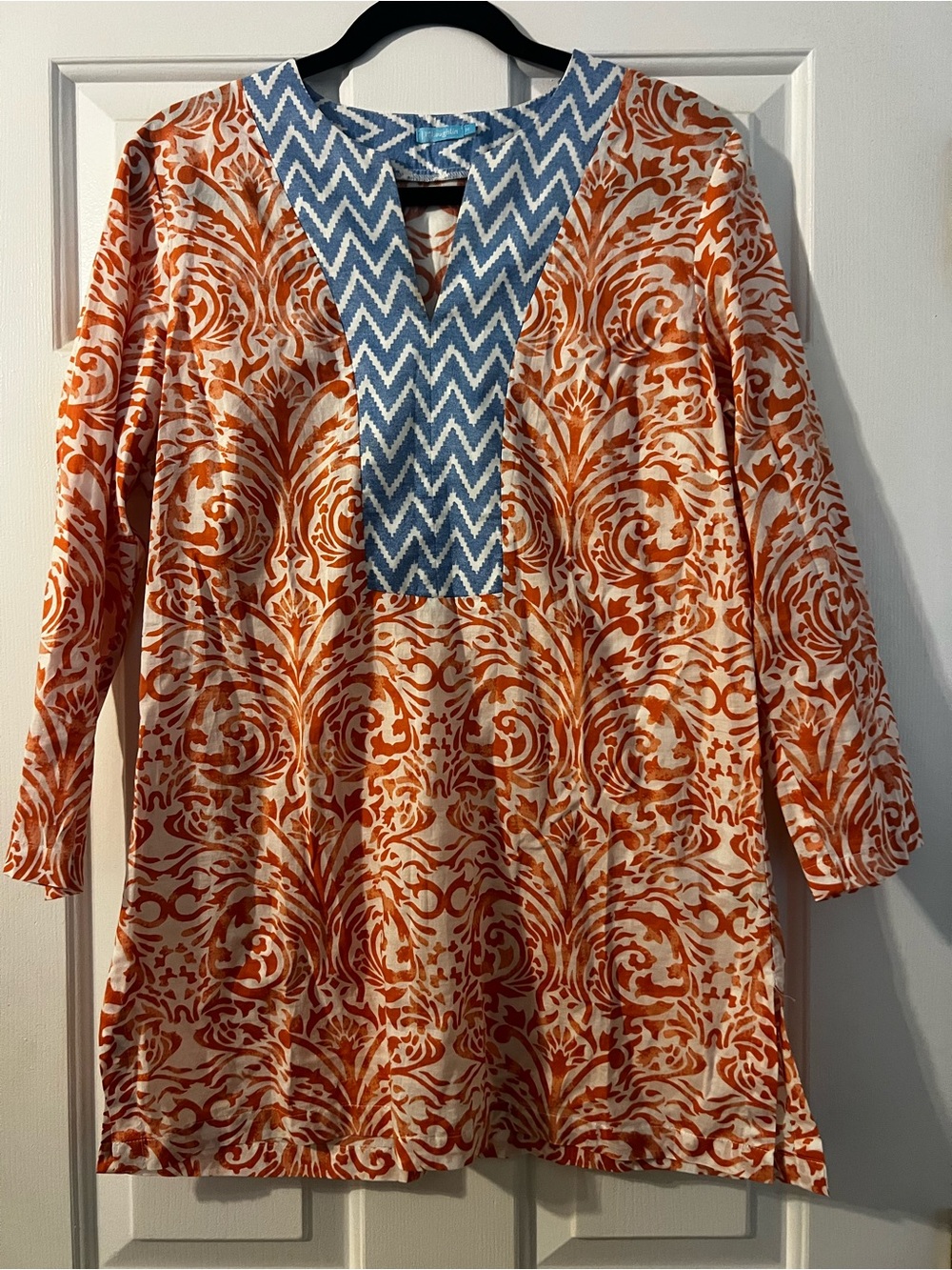 J. McLaughlin Blue Chevron Print Tunic with Orange Accent